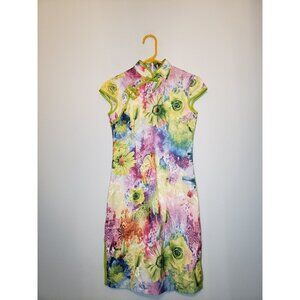 Cheongsam Qipao Dress Juniors M Short Cap Sleeve Floral Pastel High Collar